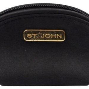 NEW St John Coin Purse Black Nylon Fabric Zipper Logo Goldtone Hardware